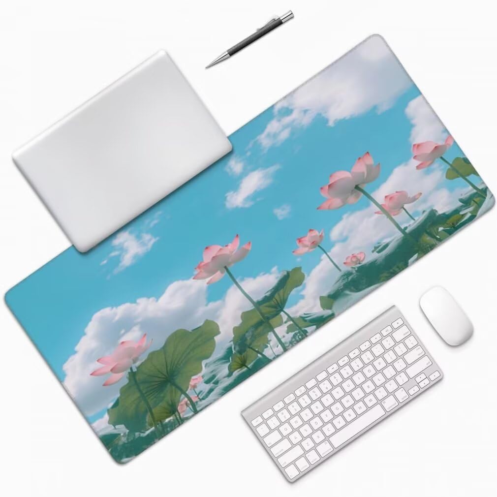 Tappetino Mouse Cielo Blu, Mouse Pad XXL 1000 x 500 x 3 mm, Fiore di Loto Tappetino Gaming Grande Sottomano Scrivania, Impermeabile Mousepad con Base in Gomma Antiscivolo per Computer, PC-MP1573
