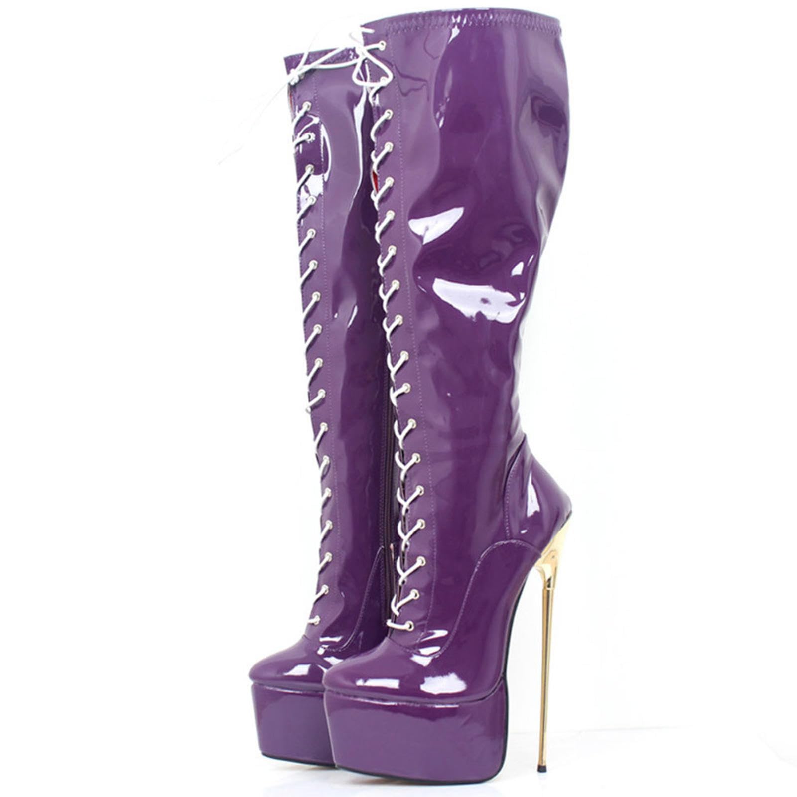 Tacchi Donna Teli Alti Stivali Alti al Ginocchio da 22cm con Silente Metalliche sulla Passerella,Purple-43