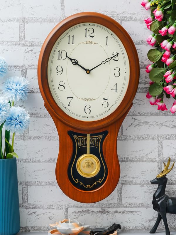 Image of CHRONIKLE Decorative Vertical Musical Wooden English Numbers Pendulum Chime Wall Clock for Living Room Home Decorations Office Gifts (Size: 28 x 8 x 55 CM | Weight: 2090 Gram | Color: Brown)