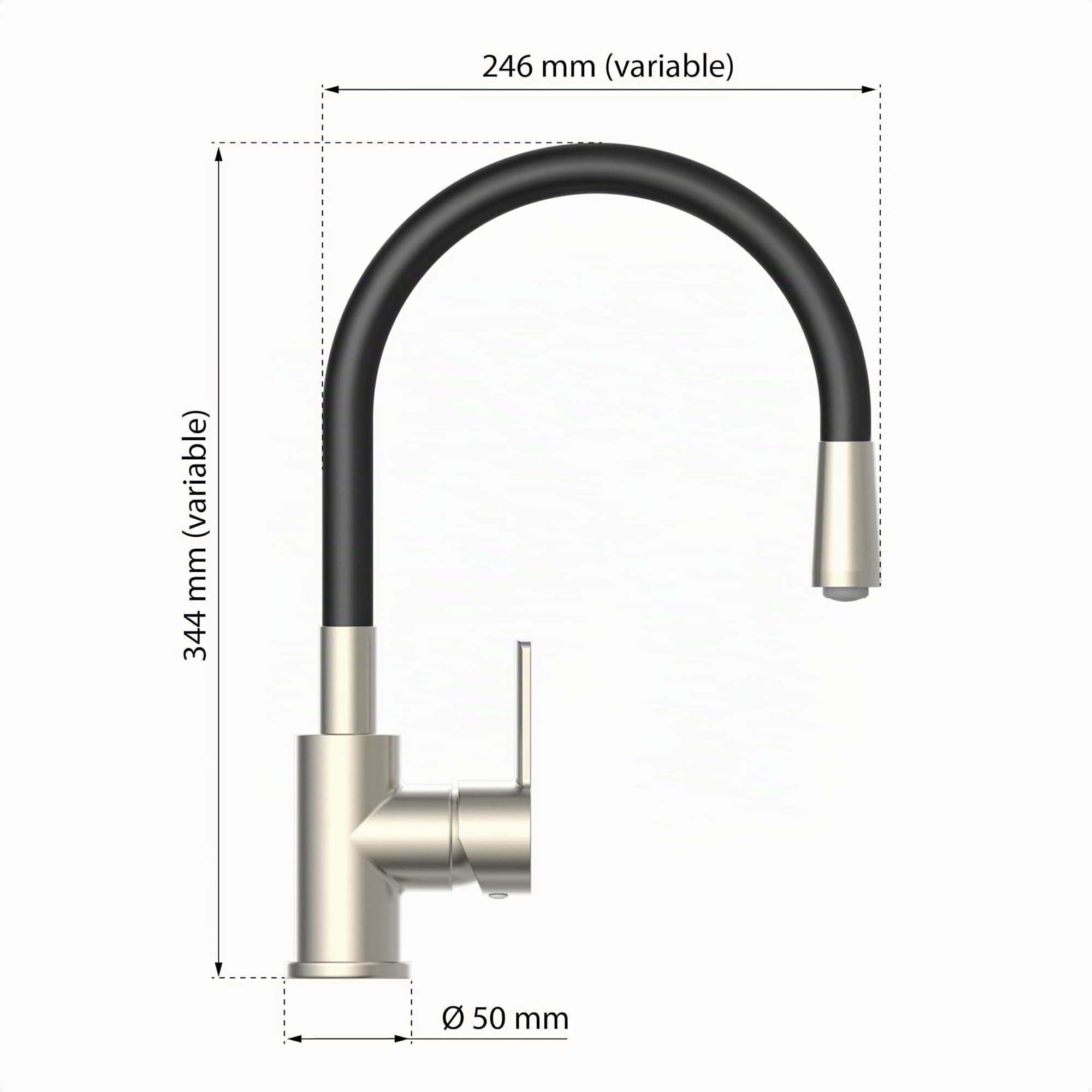 EISL Flexo NI186FLNIB Robinet d'évier de cuisine flexible en acier inoxydable/noir, bec haut avec tuyau doux au toucher, orientable à 360 degrés, économie d'eau