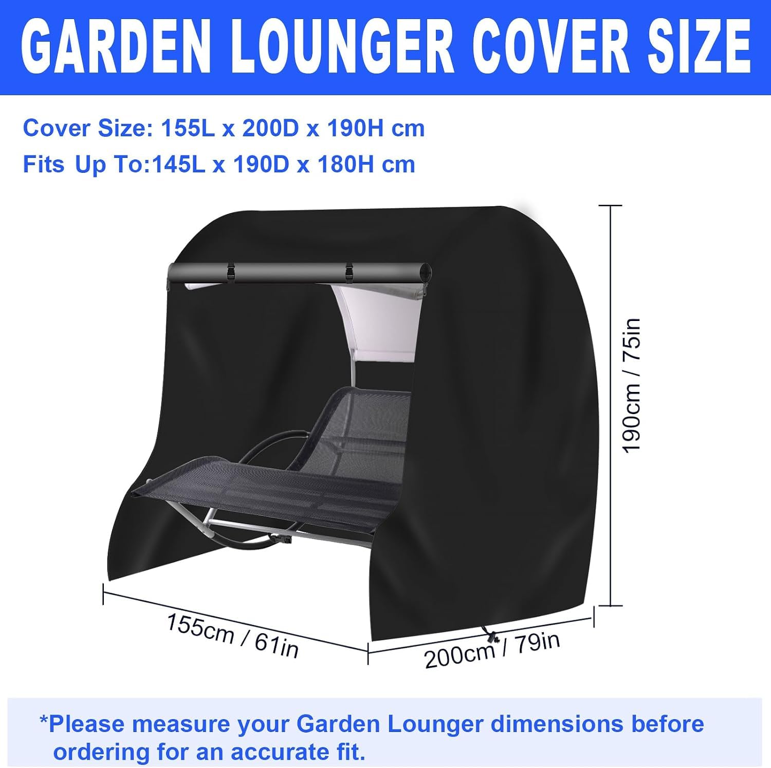 Doppel Sonnenliege Schutzhülle,61" x 79" x 75" Schwarz | 600D Oxford wasserdicht, UV-beständig, reißfest, mit Kordelzug, ganzjähriger Schutz für Gartenmöbel.