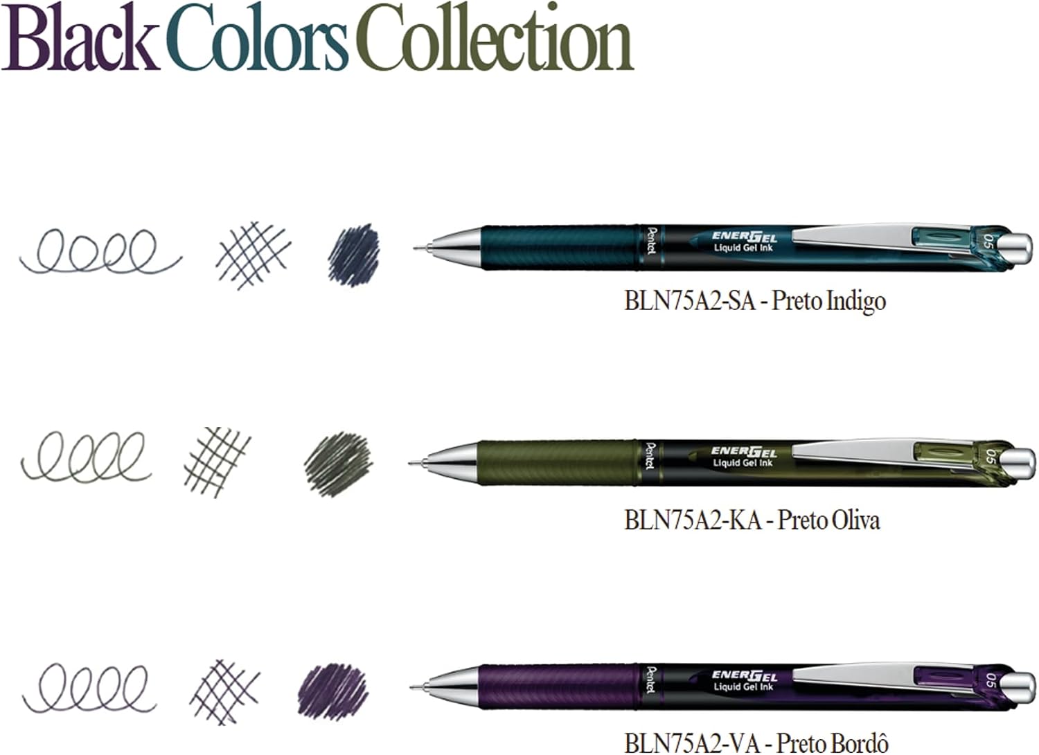 Pentel Caneta Gel Energel Black Colors Collection 0.5mm Preto Indigo SM/BLN75A2-SA