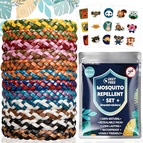 Camping Zubehör, Mückenschutz Armband Set - 12 Mückenarmband + 60 Mückenpflaster, Anti Mücken Sticker für Erwachsene Reise Strand Camping Travel Gadgets, Urlaub Klassenfahrt Summer Must Haves