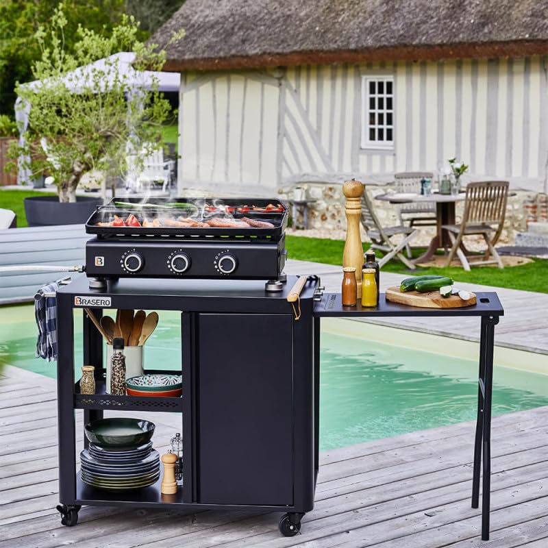 BRASERO BY FAVEX – Plancha gaz Silvia IIG 3 feux – Plaque acier revêtement céramique 67 x 34 cm – 7,95 kW – Jusqu'à 10 convives – Capot de protection inclus