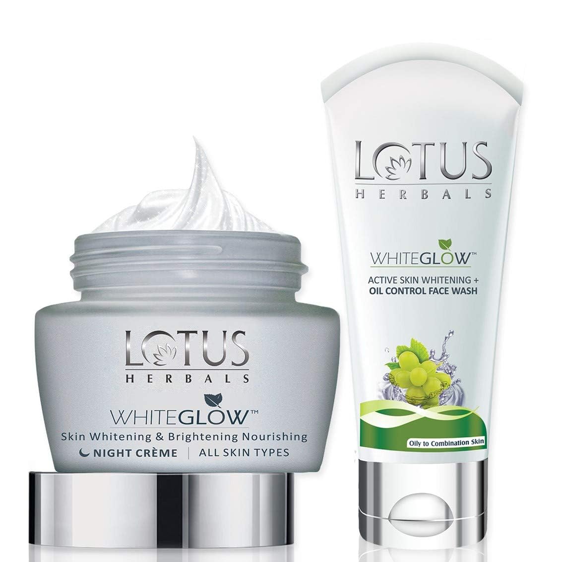 Lotus Herbals Whiteglow Skin Whitening & Brightening Nourishing Night Crème 60g With Oil Control Facewash 50g, 60 g