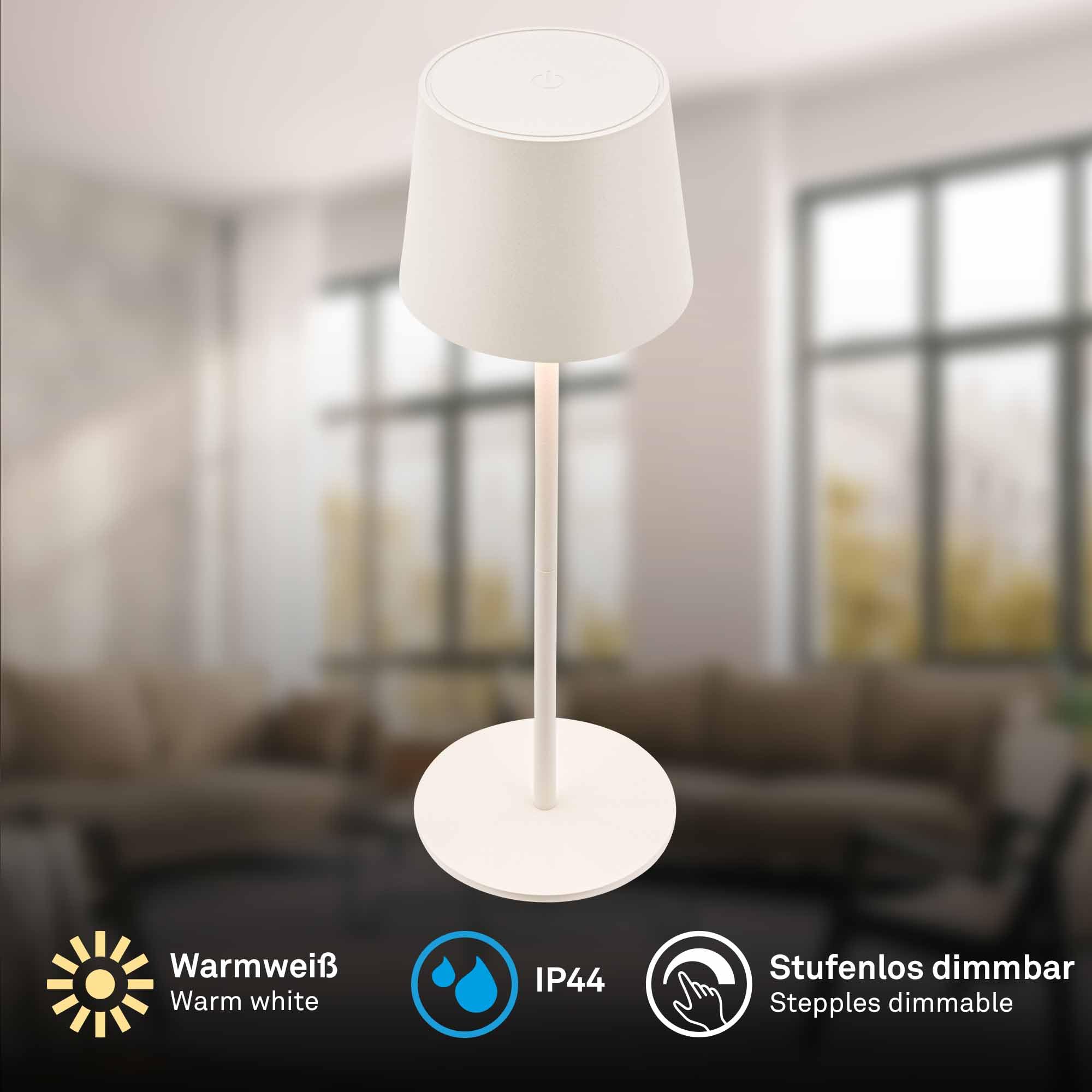 BRILONER - Lámpara de mesa LED inalámbrica IP44 con sensor táctil, regulable, batería y fuente de luz intercambiable, lámpara de mesita de noche, lámpara de lectura, camping, 11x33cm, blanco antiguo