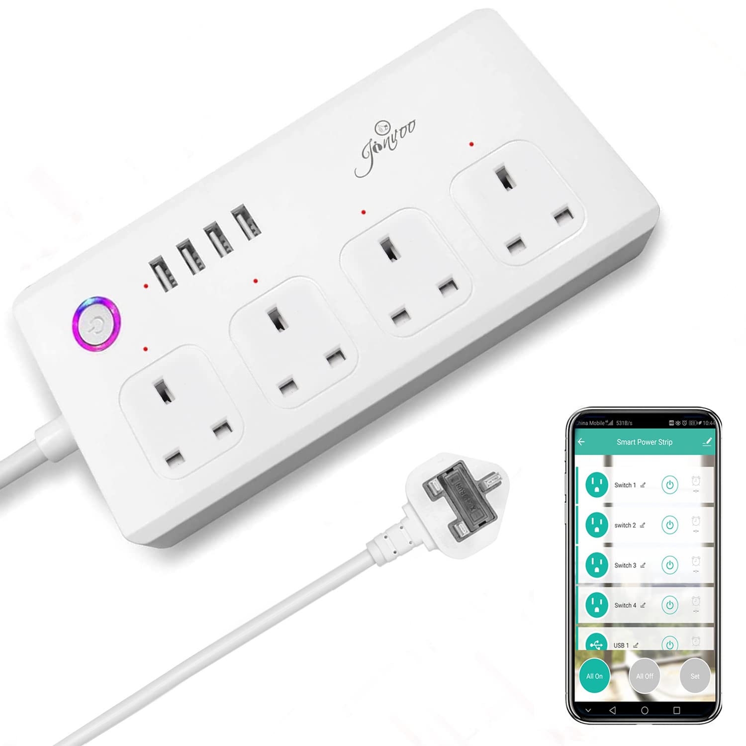JinvooSmart Extension Lead Surge Protector 13A WIFI Power Strip with 4 Separate Controllable AC Outlets and 4 USB Ports Compatible with Alexa & Google Assistant