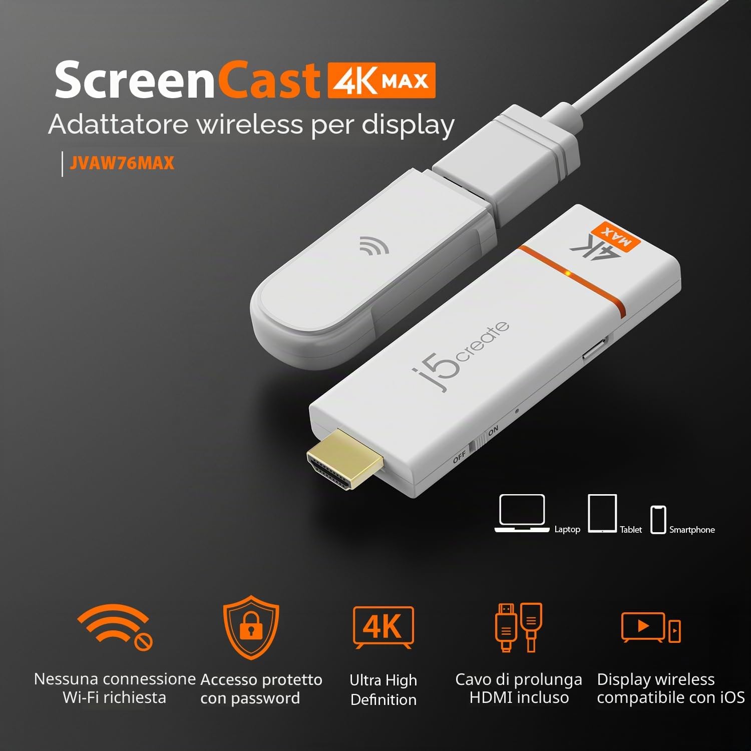 j5create ScreenCast 4K Max Adattatore wireless per display per streaming video e audio 4K UHD da dispositivi mobili/tablet/laptop, supporta AirPlay, Miracast e Chromecast (JVAW76MAX)