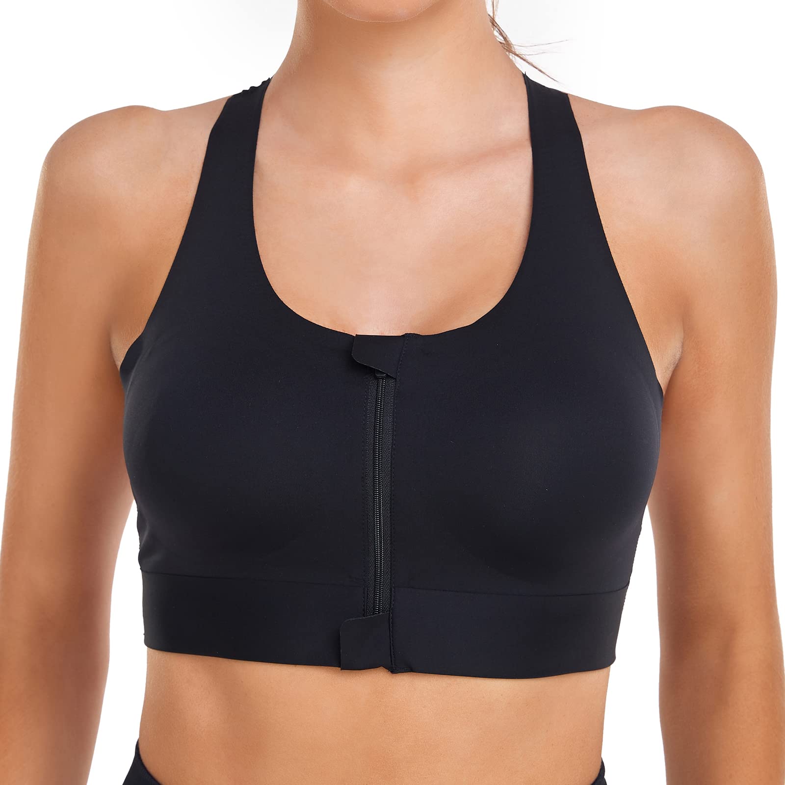 CordawZip Front Sports Bra Adjustable Straps High Support Medium Impact Zipper Front Hook Running Bra Crisscross Padded