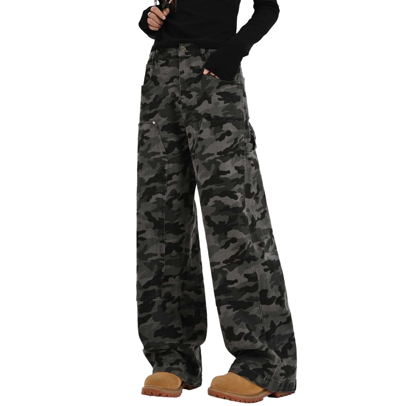 Girls High Rise Straight Leg Cargo Pants Y2K Camo Streetwear Trousers