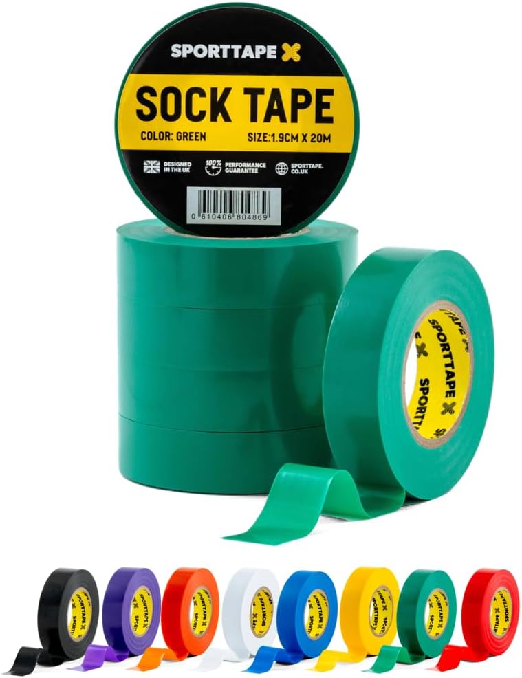 SPORTTAPE 6 Rolls Sock Tape - Green - 1.9cm x 20m | PVC Insulating Tape for Football, Soccer & Rugby - Holds up Football Socks, Shin Pads & Shin Guards | Secures Lifting Blocks, Boots & Ears