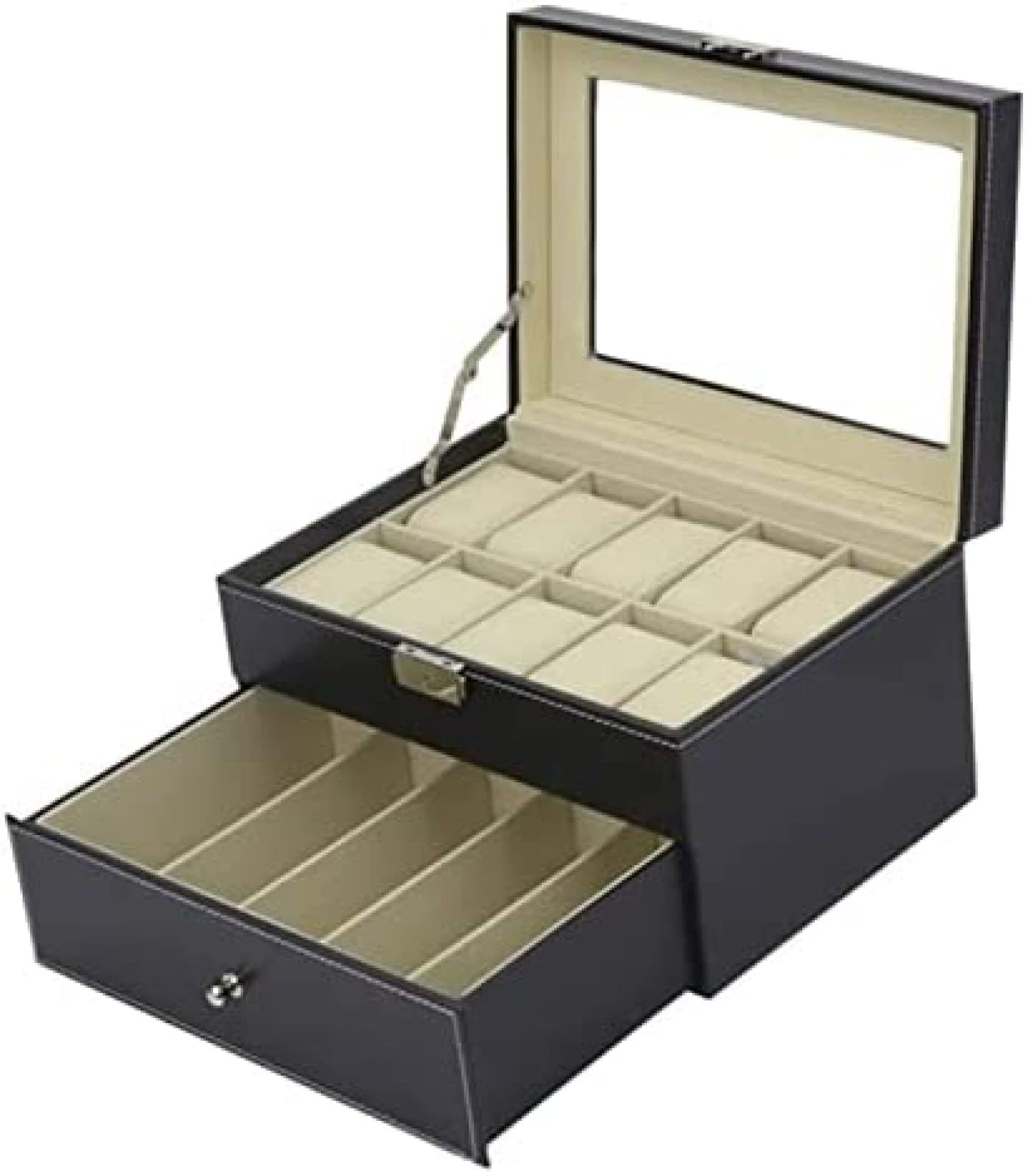 YNBSHGAA Watch Box Watch Case Watch Roll Watch Storage Organizer10 Watch Slot 5 Eyeglasses Grids Sunglasses Watch Case Holder Display Storage Box,Black,28x20x16.5cm