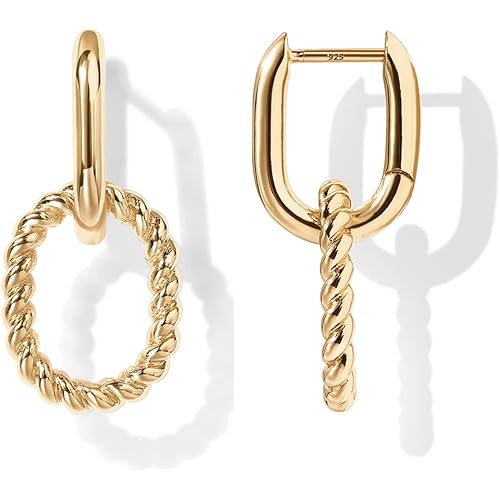 PAVOI 14K Gold Convertible Link Huggie Earrings for Women | Paperclip Link Statement Earrings | Cubic Zirconia Two-Toned Rope Drop Dangle Earrings