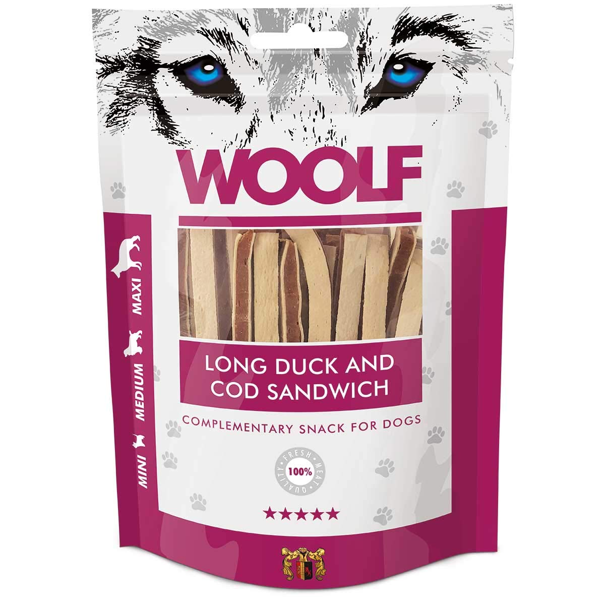 Woolf - Sandwich - Snack Natural Perro - Ingredientes Naturales - Pack Ahorro - Salmón, Cordero, Bacalao, Pato, Pollo, Conejo, Cordero - 100gr - 6uds (Woolf Sándwich Largo de Pato y Bacalao)