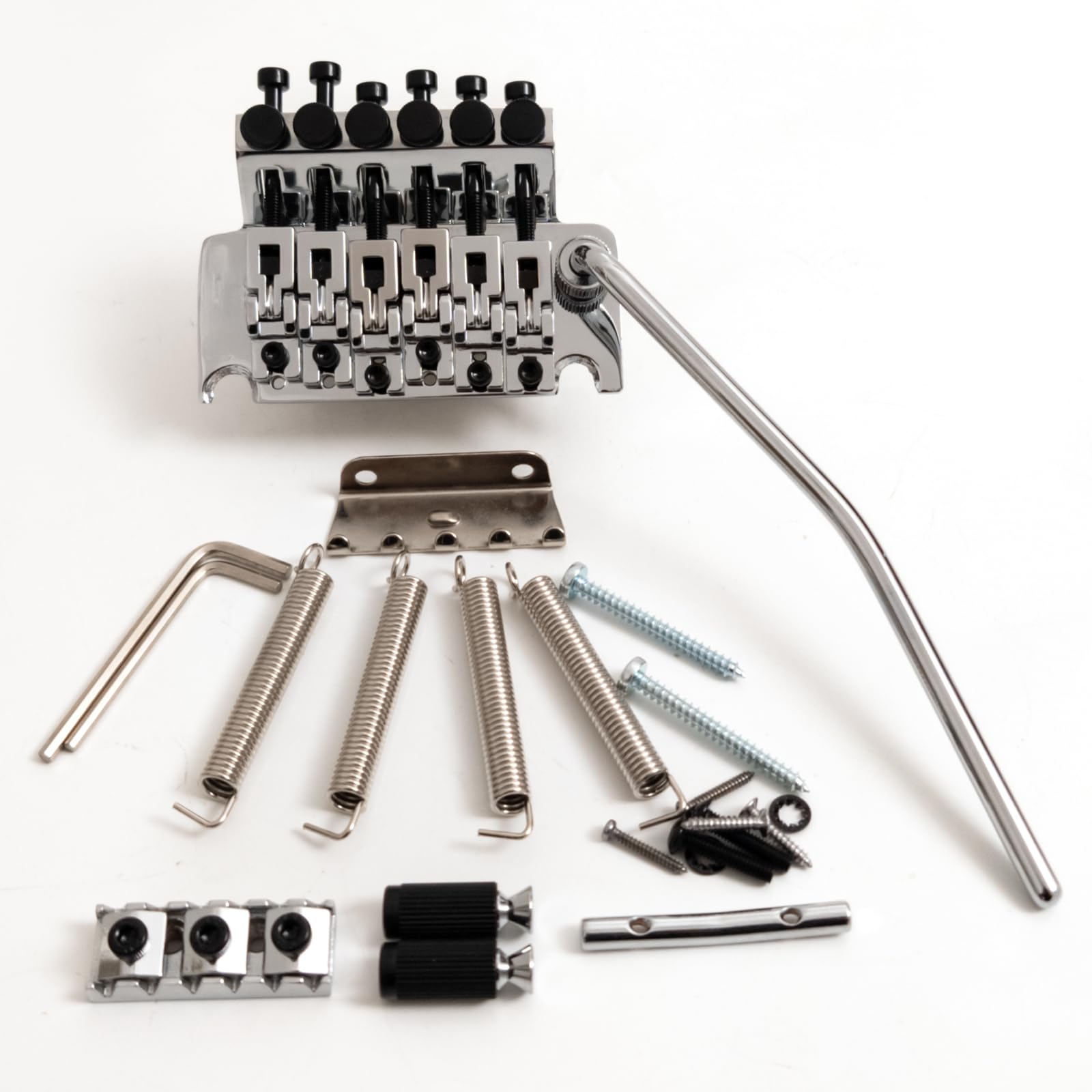Linkshänder-Tremolo-Brückensystem mit Doppelverriegelung und 42 mm Sicherungsmutter, 34 mm massiver Messing-Block, schwimmendes Gitarren-Tremolo-Brücken-Set, Feinstimmer (Chrom)