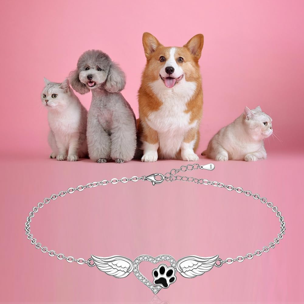 Fenthring Paw Bracelet Paw Print Bracelet for Women Sterling Silver Link Cat Dog Pawprints Angel Wings Memorial Lover Gifts - Image 3