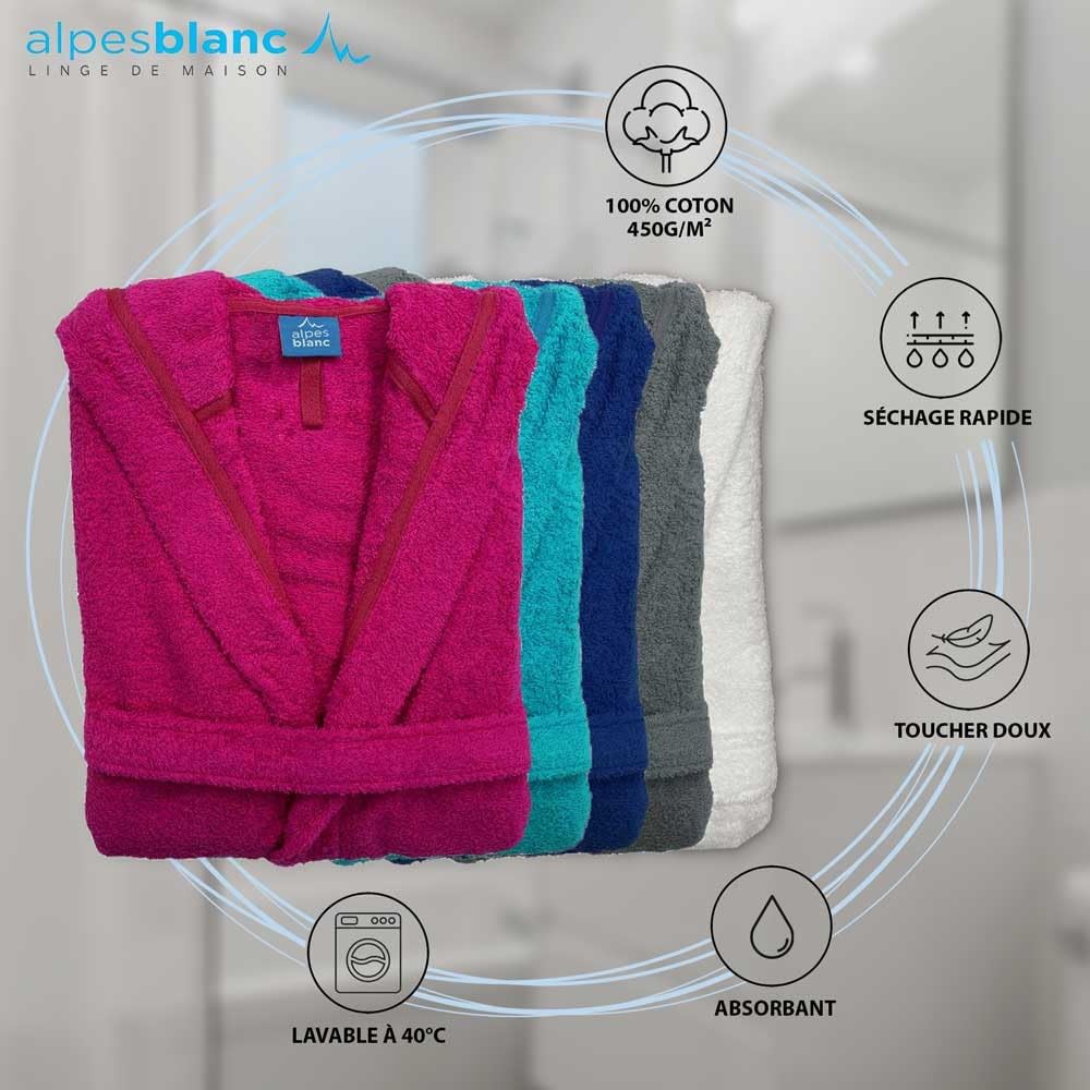 Alpes Blanc Peignoir de bain mixte à capuche 100% coton éponge bouclette 450g/m² - Absorbant, doux et confortable – Ceinture et poches
