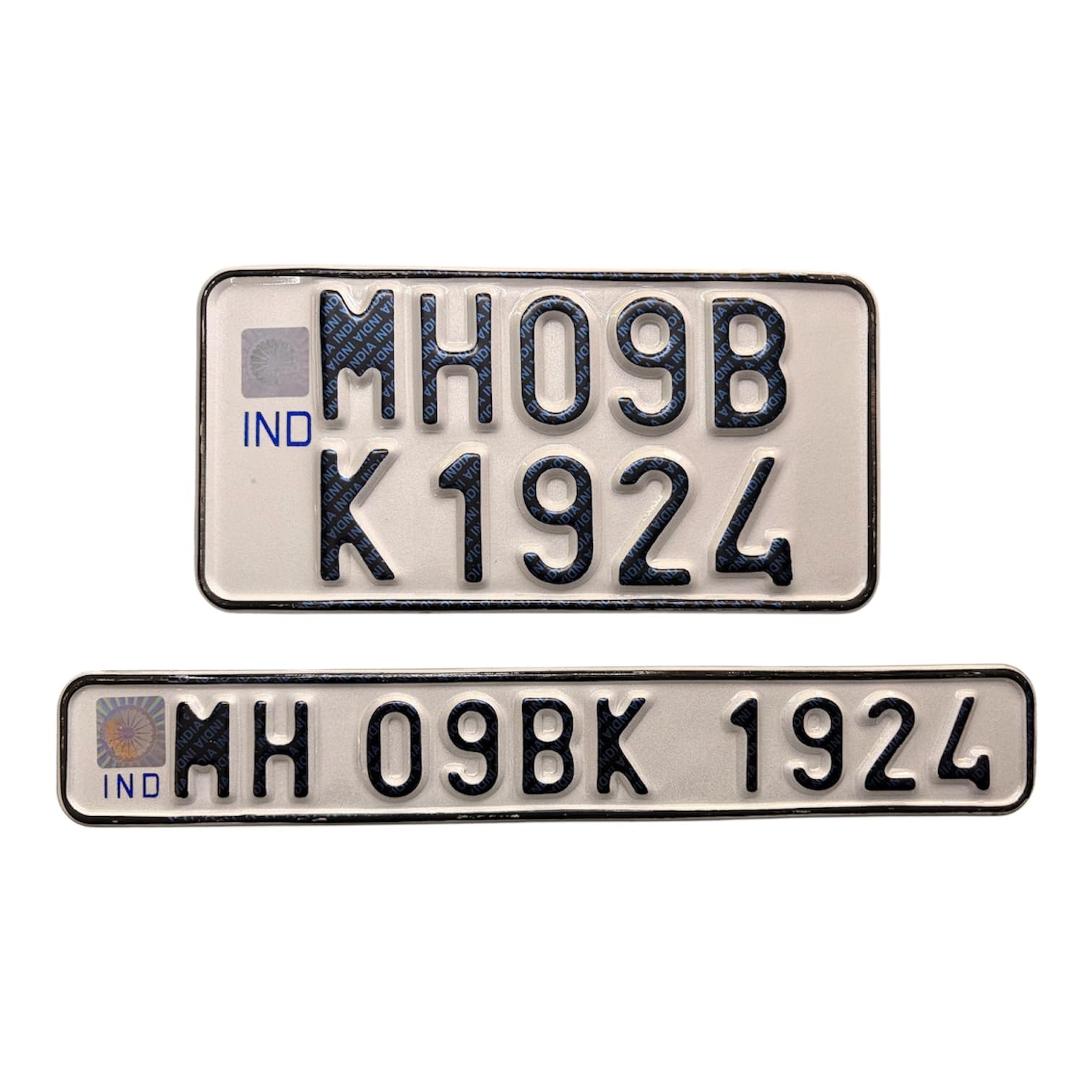IND Number Plate Set, Front and Rear, White with Black Embossed Fency Number Plate Custom Plate Only-image-21