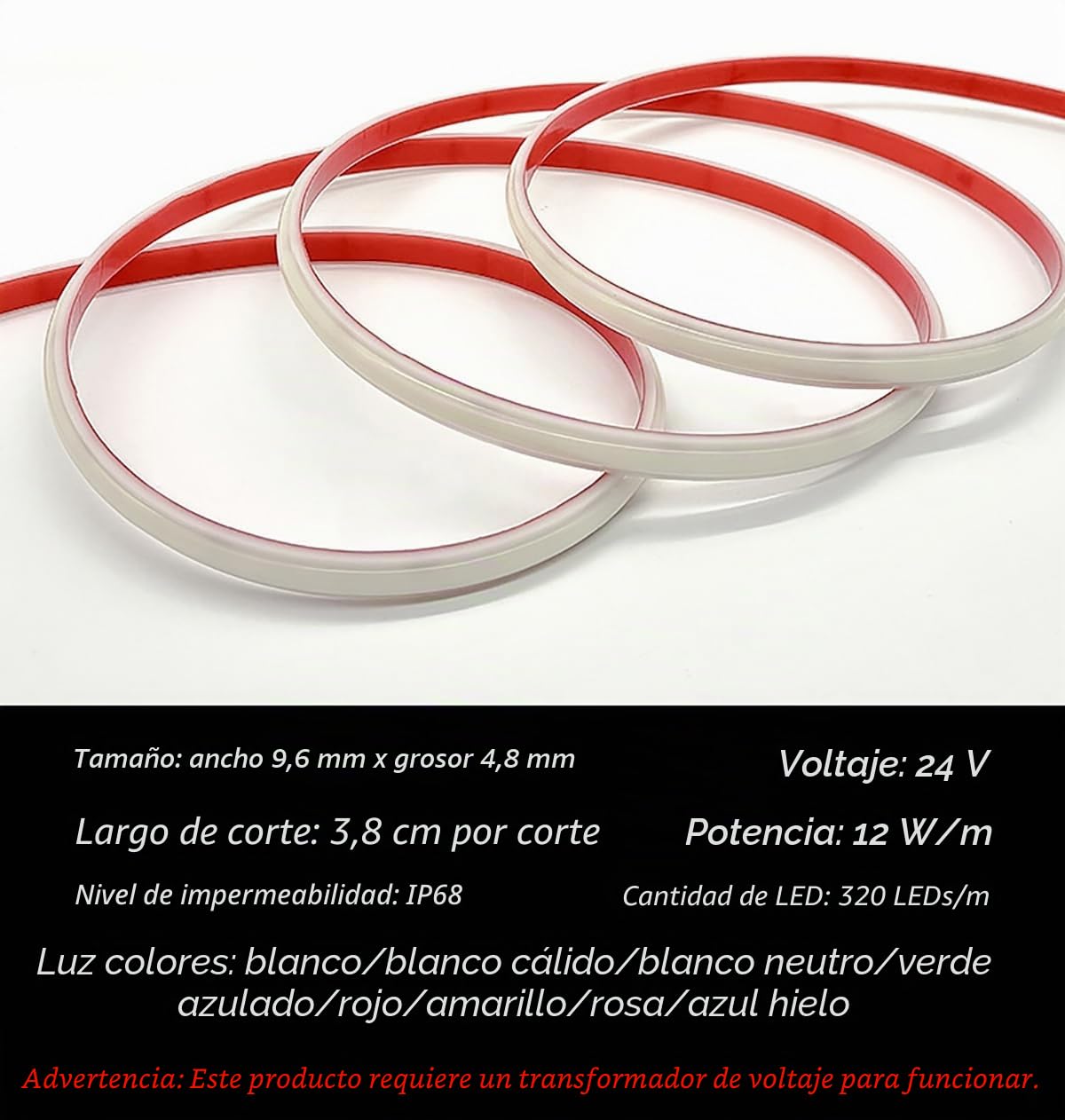 Tira LED COB Luminosa IP68 Impermeable Neón 320 LED/m Flexible y Recortable 24V Cinta LED para Decoración de Escaleras, Acuarios, Piscinas, Dormitorio, Navidad y Fiestas (Luz Azul, 50 metros)