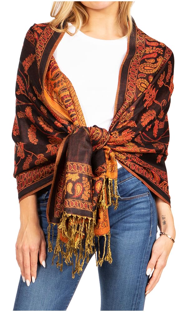 Sakkas Women's 23-D1-Blackred 18200 - Gianna Silky Soft Reversible Floral Woven Pashmina Scarf Shawl Wrap - Os