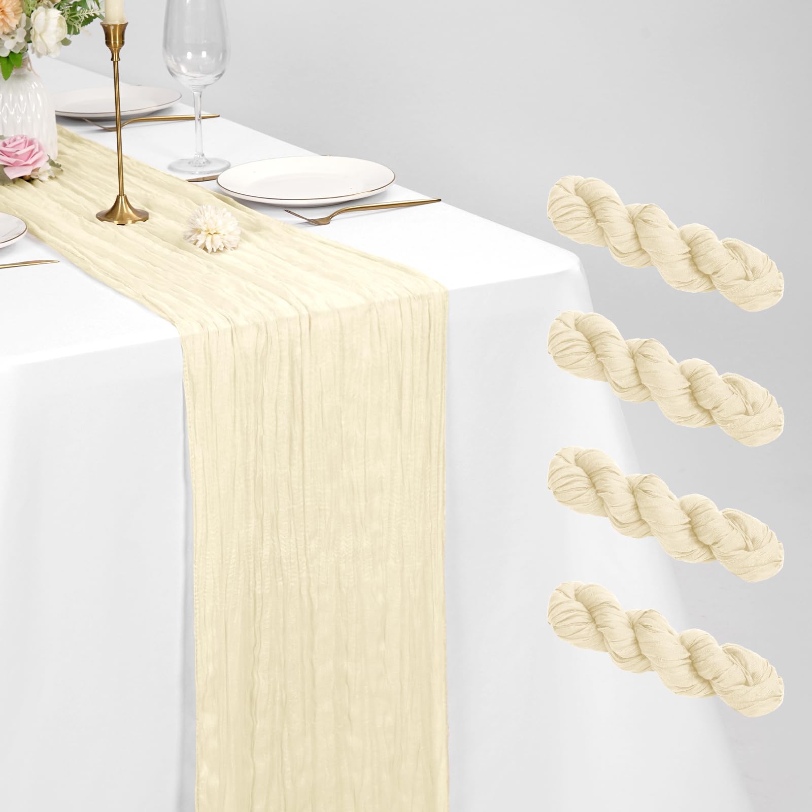 4 Pack Ivory Cheesecloth Table Runner 21 x 120 Inch Rustic Gauze Fabric Table Runner Romantic Long Cheesecloth Table Runner For Weddings, Festivals, Anniversarie, Dinner,Outdoor Parties — image 1