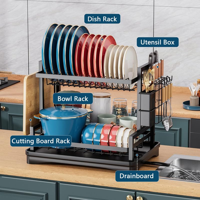 Escurreplatos sobre El Fregadero, Escurridor De Acero Al Carbono De Gran Capacidad, Organizador De Cocina Multifuncional De 2 Niveles Y Almacenamiento para Platos, Cuencos Y Cubiertos