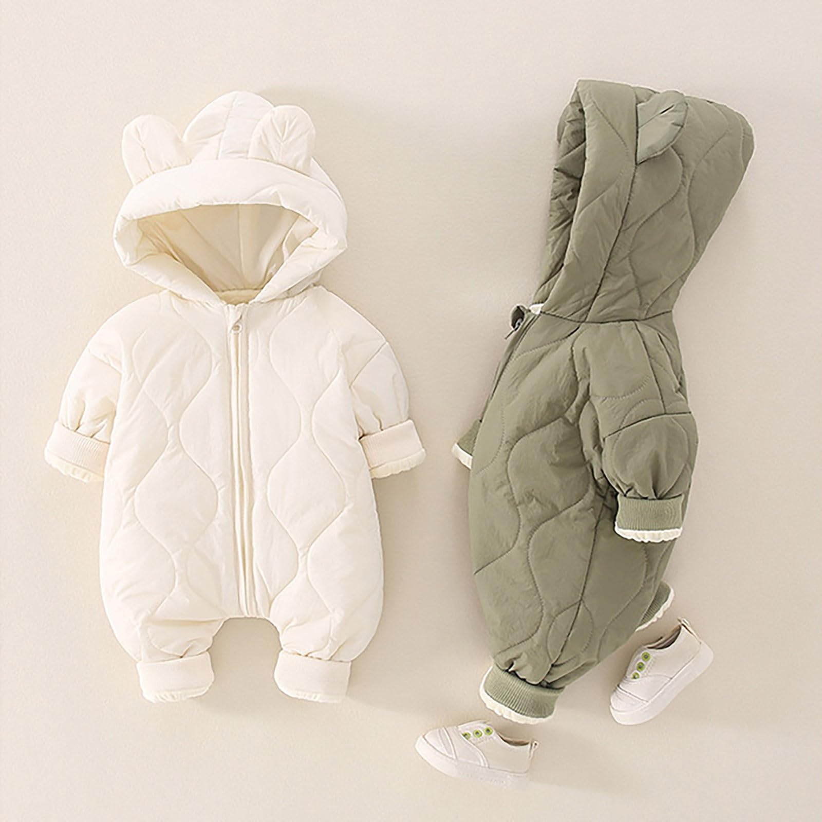 RNTOP Baby Snowsuit Newborn Boy Girl Warm Winter Coat Bear Suit Infant Hooded Jumpsuit Romper Zipper (Green, 3-6 Months)