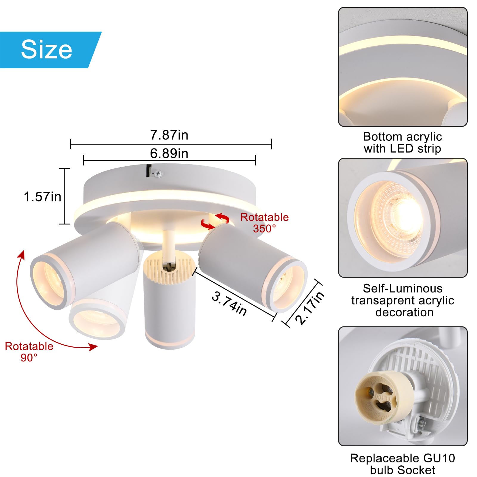 SANSHI Rotonda Faretti da Soffitto Orientabili Interno LED 3 Luce,Faretti da Parete con Inferiore 15W+3x5W,GU10 Lampadario Faretti,Moderna Plafoniera Faretti Bianco Caldo 3000K per Cameretta,Bianco