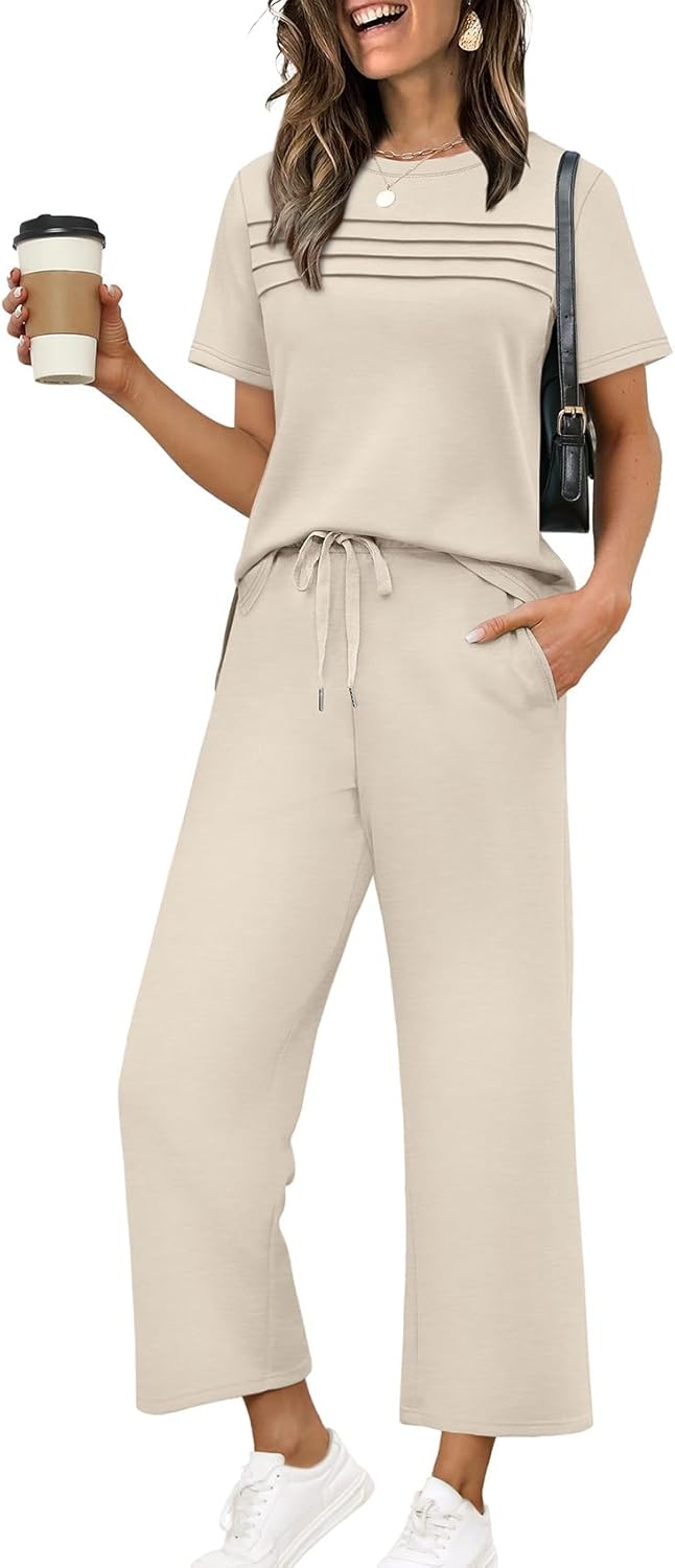 WIHOLL Two Piece Sets for Women Summer Spring Travel Vacation Outfits Short Sleeve Lounge Sets Side Slit Wide Leg Pants S-3XL