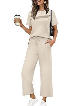 WIHOLL Two Piece Sets for Women Summer Spring Travel Vacation Outfits Short Sleeve Lounge Sets Side Slit Wide