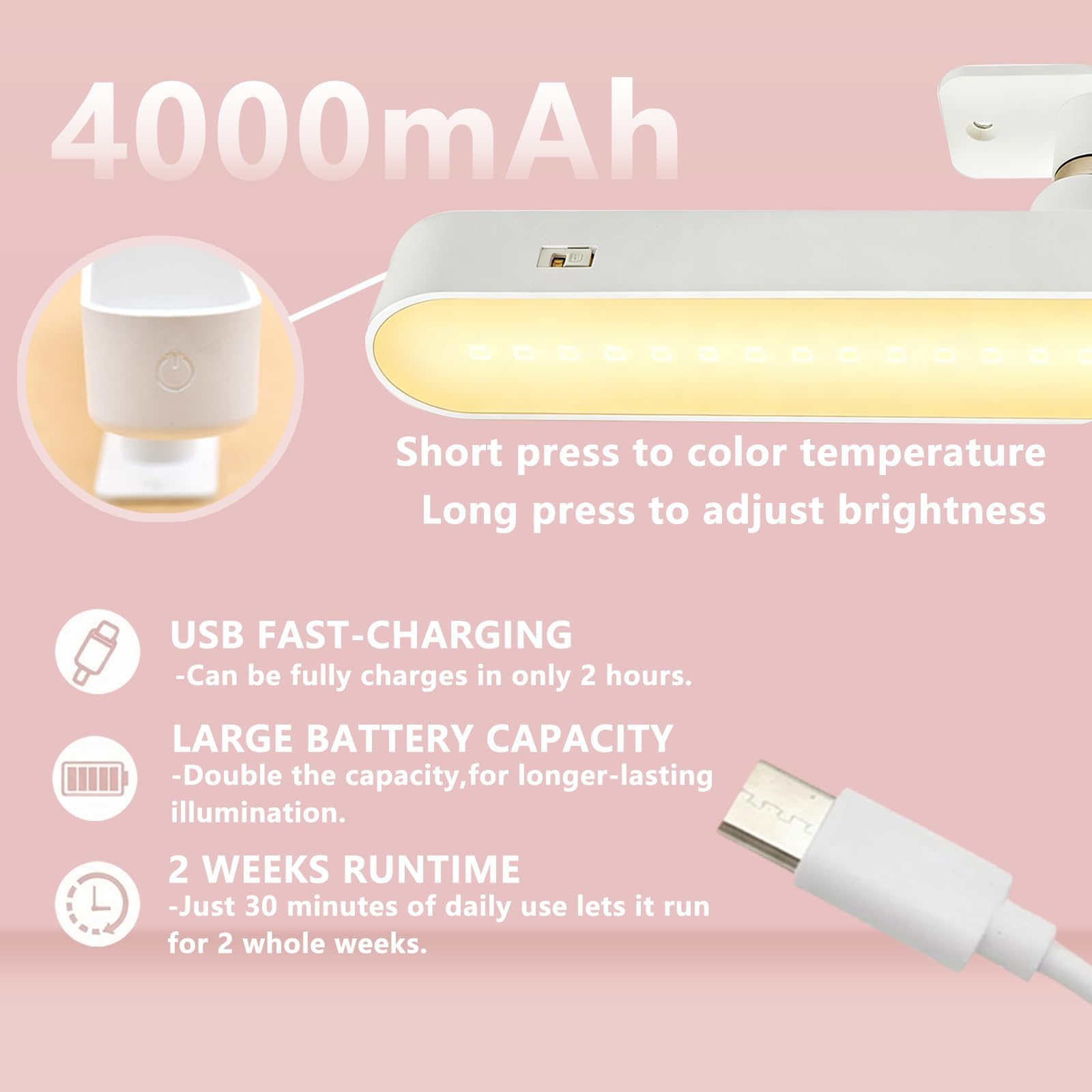 Sin Cable Luces Tocador con 4000mAh, Led Luz Maquillaje Lamparas, 360° Giratorio, Luz LED Adhesiva USB Recargable Magnetica Inalambrica, Luces sin Cables para Baño, Espejo, Interior