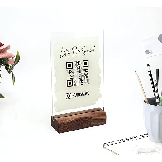 Scannable QR Code Sign | Social Media | Bar Code Sign | Pay Here Sign | Salon Sign | Printed Acrylic Sign | Christmas Gift | Let's Be Social (6x8 With Stand)