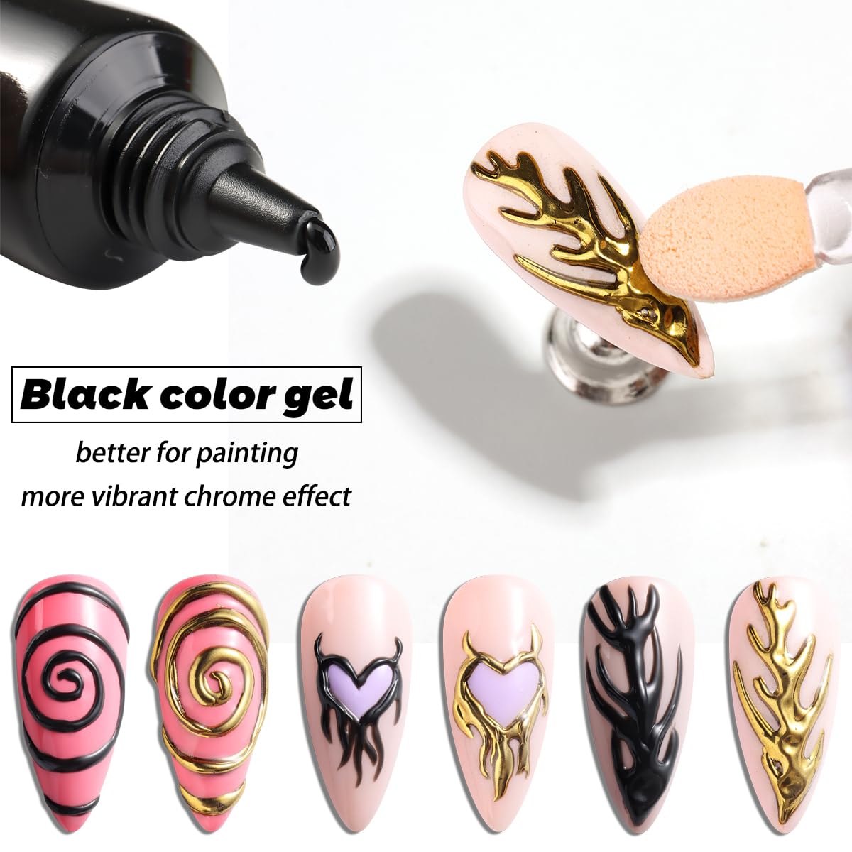 3D Nail Gel Liner, 2PCS Black 3D Chrome Effect Gel No Wipe 15ML Sculpting Gels Craving Embossing Design Painting Nail Glue Rub Chrome Nail Powder DIY Manicure Salon Supplies