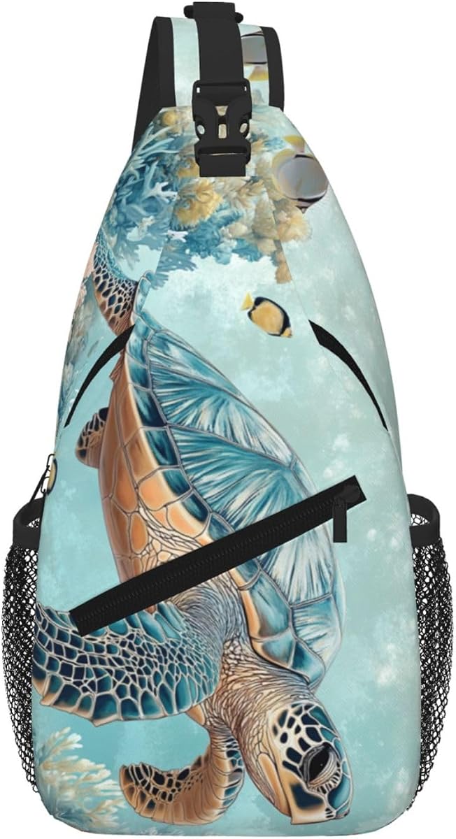SUPLUCHOM Sling Bag Turtle Sea Coral Ocean Hiking Daypack Crossbody Shoulder Backpack Travel Chest Pack for Men Women