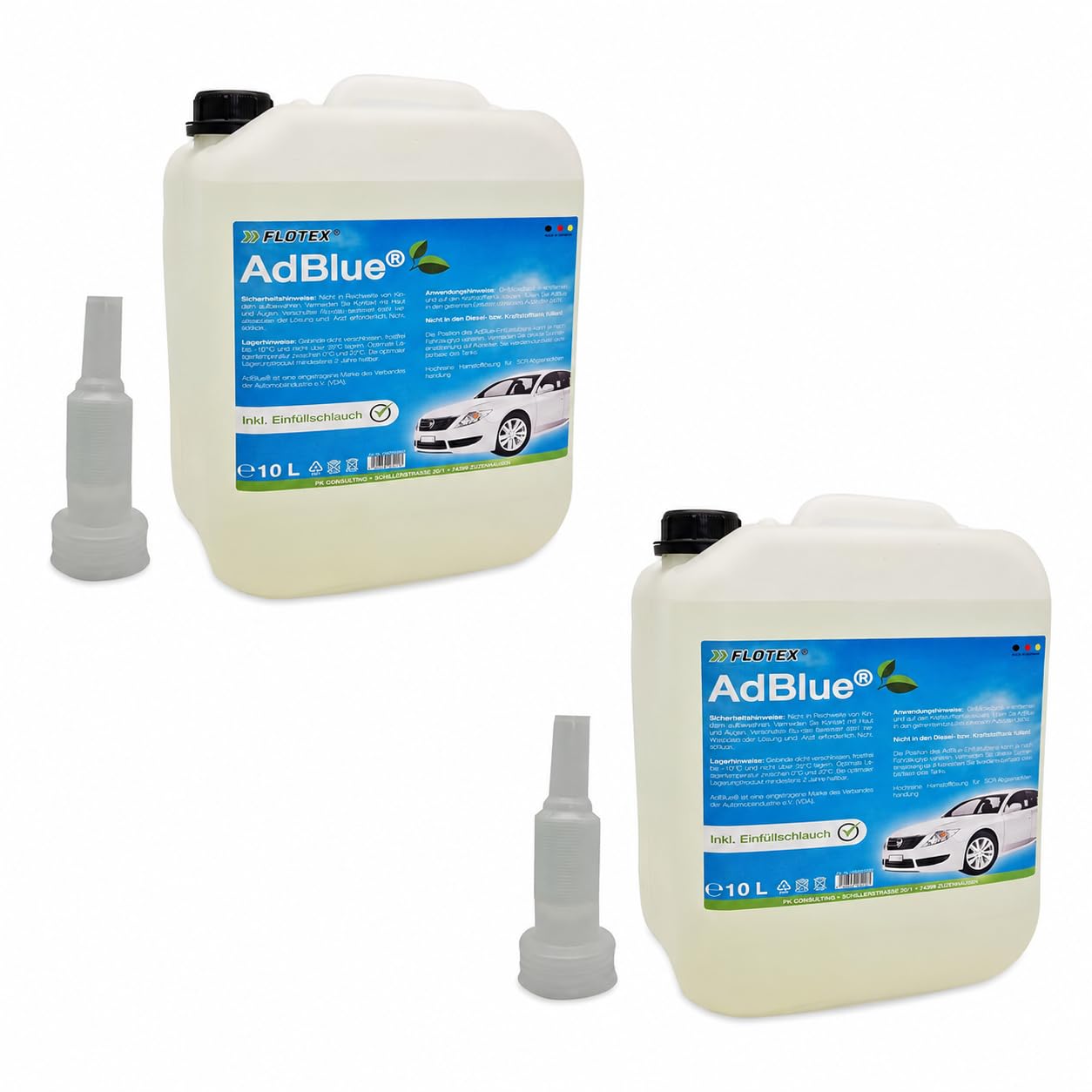 AdBlue 2 x 10 Liter für Diesel Motoren - Hochreine Harnstofflösung für SCR-Abgasnachbehandlung – ISO 22241 Zertifiziert - Inkl. praktischem Ausgießer