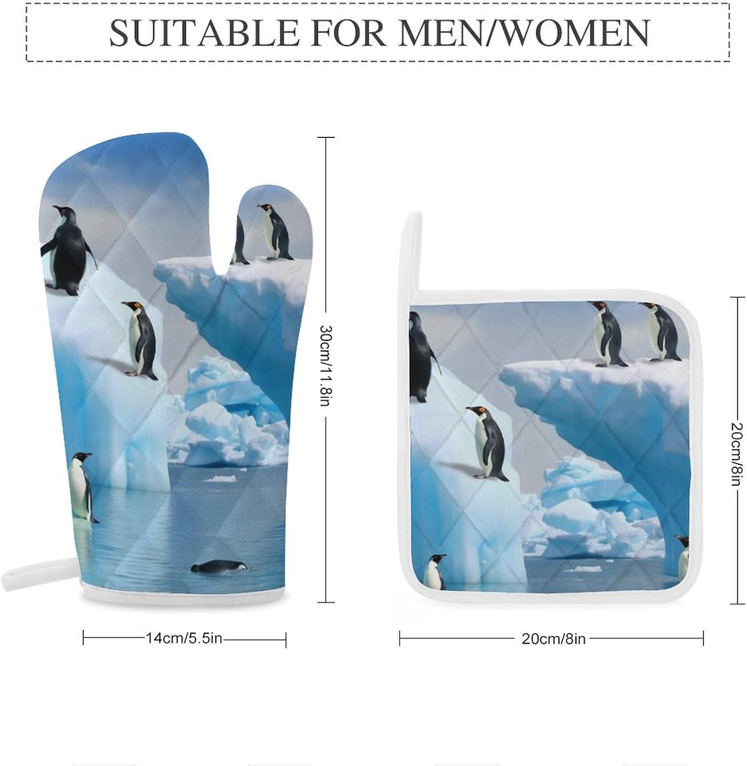 4-Piece Oven Mitts and Pot Holders Set Penguins On The Iceberg Printed Heat-Resistant Polyester Kitchen Gloves and Potholders Comfortable & Durable for Cooking Baking and Grilling