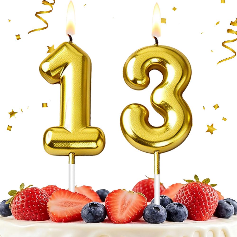 HLWGFJDY 13th Birthday Candles Gold Number 13 Cake Topper Happy Birthday Cake Decorations for 13th Birthday Party, Gold Candles for Birthday Anniversary Celebration Party Supplies
