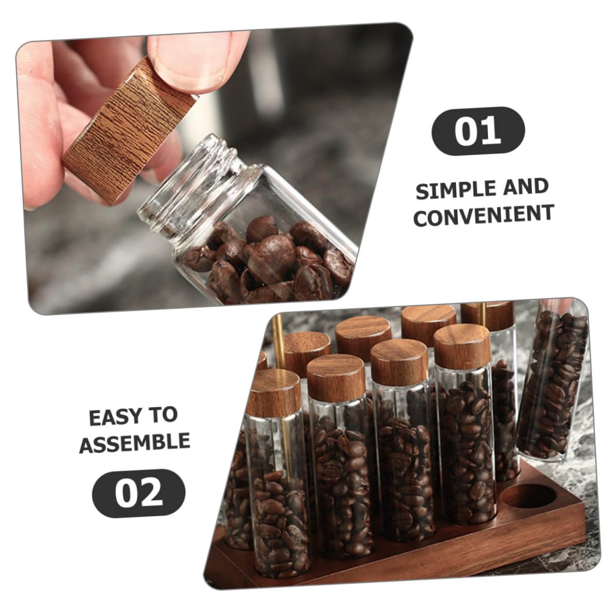 SHOWERORO Glas-kaffeebohnen-fläschchen Mit Deckel Und Holz-präsentationsständer Zur Aufbewahrung Von Kaffeebohnen Tee Süßigkeiten Und Gewürzen