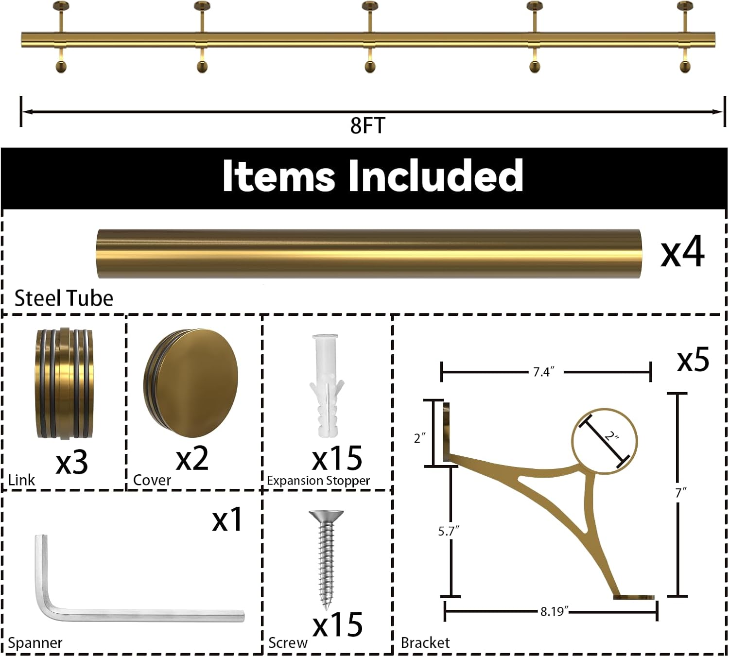 Bar Foot Rail Kit 4ft / 6ft / 8ft - Stainless Steel Complete Floor Standing Bar Foot Rest - Brass Gold Foot Rail System with Tubing, Wall Brackets, End Caps & Internal Connector