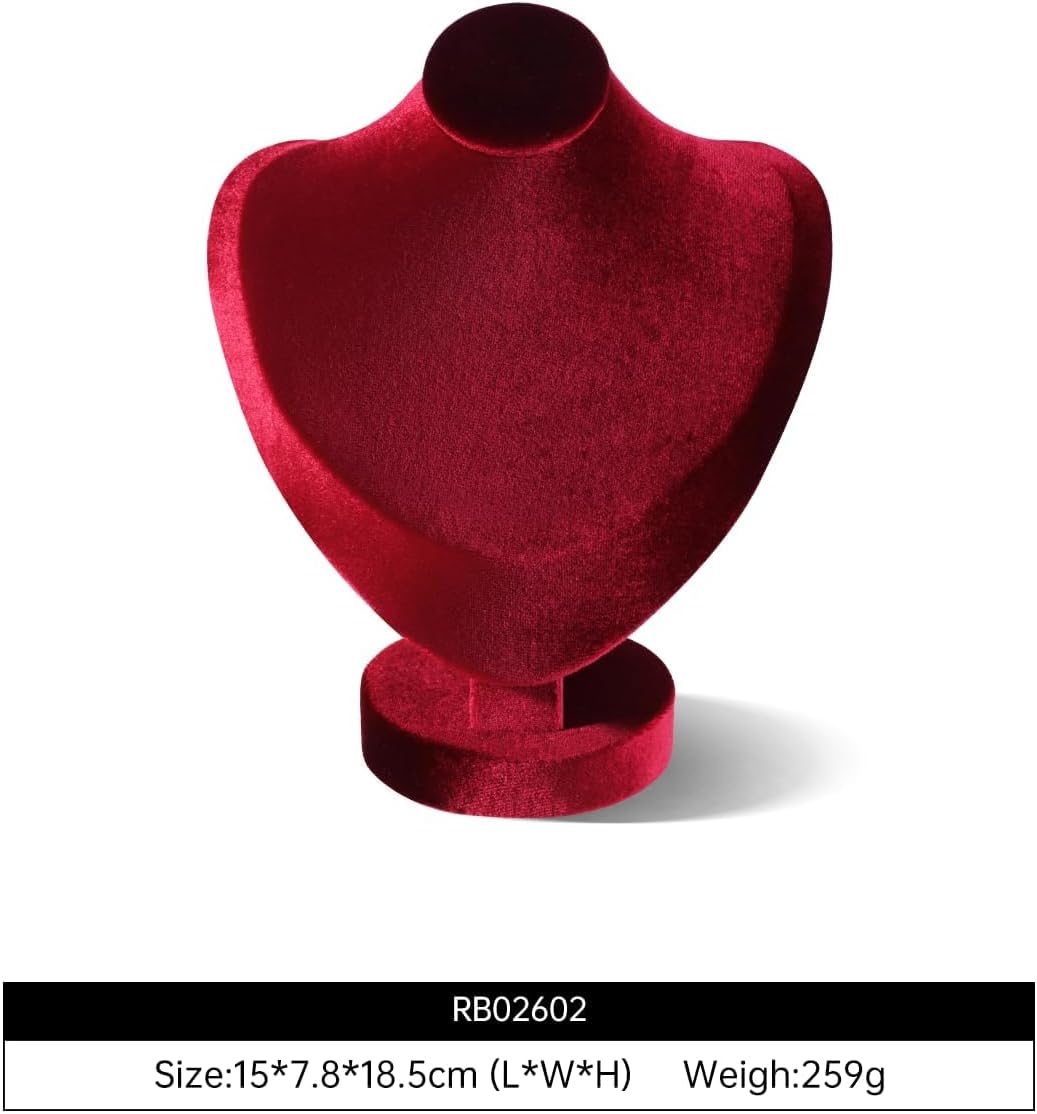 Resilient Velvet Necklace Display Bust Mannequin, Pendant Necklace Chest Stand for Retail Photography Livestream, Jewelry Shop Countertop Storage Organizer Holder (Red, Necklace Bust)