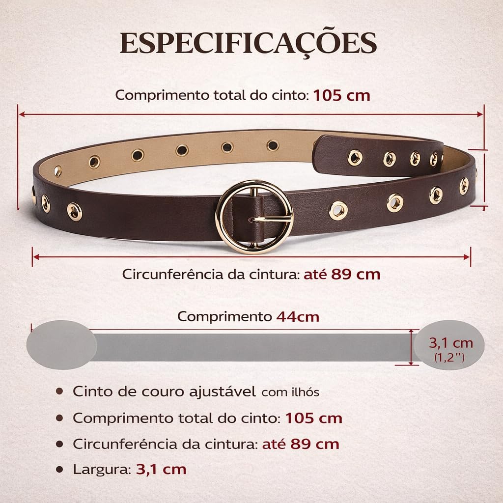 Cinto Feminino de Couro Marrom com Ilhós Dourados - Estilo Casual Elegante para Jeans Vestido Saia e Alfaiataria Cinto Feminino de Couro Marrom com Ilhós Dourados - Estilo Casual Elegante para Jeans Vestido Saia e Alfaiataria - Imagem 4
