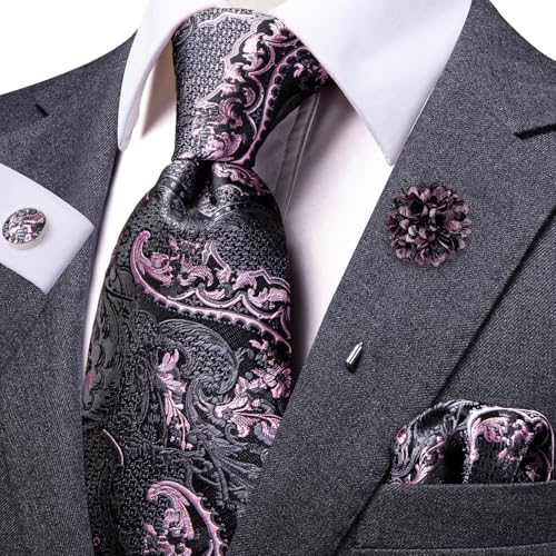 Image of Dubulle Mens Tie and Lapel Pin Paisley Striped Floral Necktie for Men Pocket Square Cufflinks 4PCS Set Wedding Party