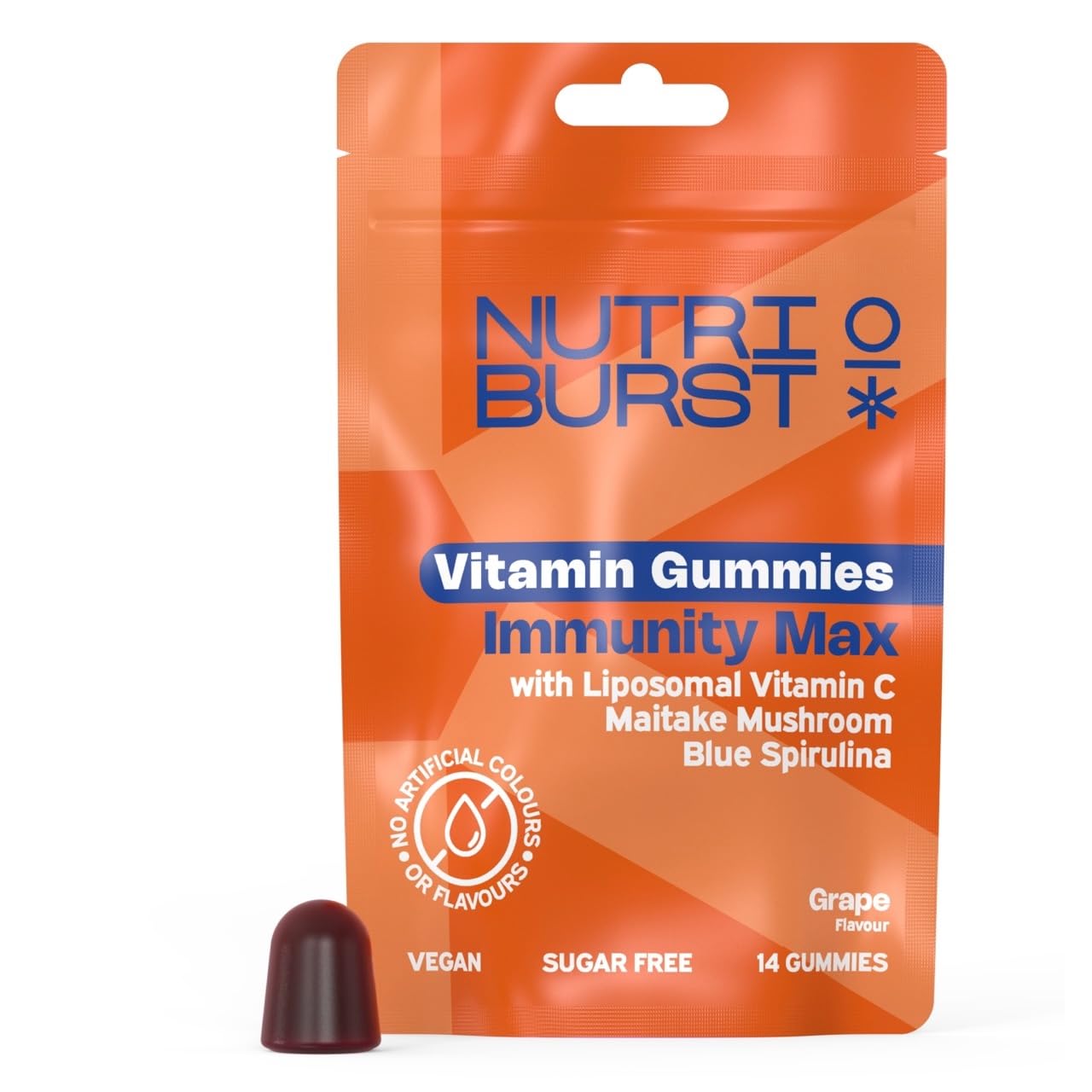 Nutriburst Immunity Max Vitamin Gummies - Trial Pouch - Liposomal Vitamin C, D3 & Zinc with Elderberry, Spirulina & Maitake Mushroom - Sugar Free, Vegan & Halal - 14 Gummies (14 Day Supply)
