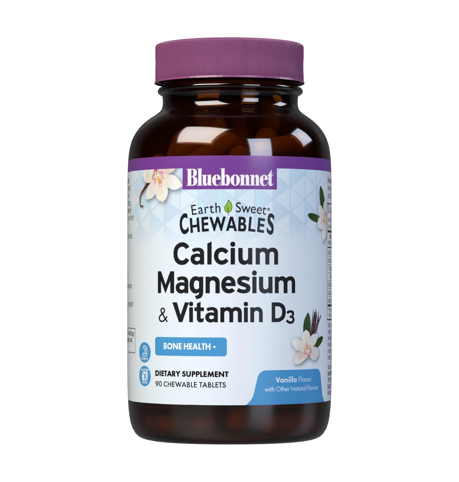Bluebonnet Nutrition Calcium Magnesium Plus Vitamin D3 Earthsweet, Bone Health & Muscle Relaxation, Soy-Free, Gluten-Free, Kosher Certified, Dairy-Free, 90 Vanilla Flavored Chewable Tablets Vanilla 90 Count (Pack of 1)