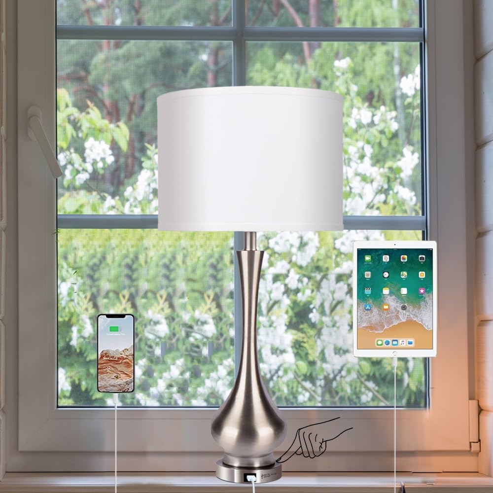 Photo 1 of **ONE LIGHT DOES NOT WORK***30" Large Modern Table Lamps Set of 2 for Living Room Bedroom with USB Charging Port,3-Way Dimmable Brushed Steel Nightstand Lamp Sets Bedside Touch Desk Lamp with White Fabric Shade (Bulb Included)