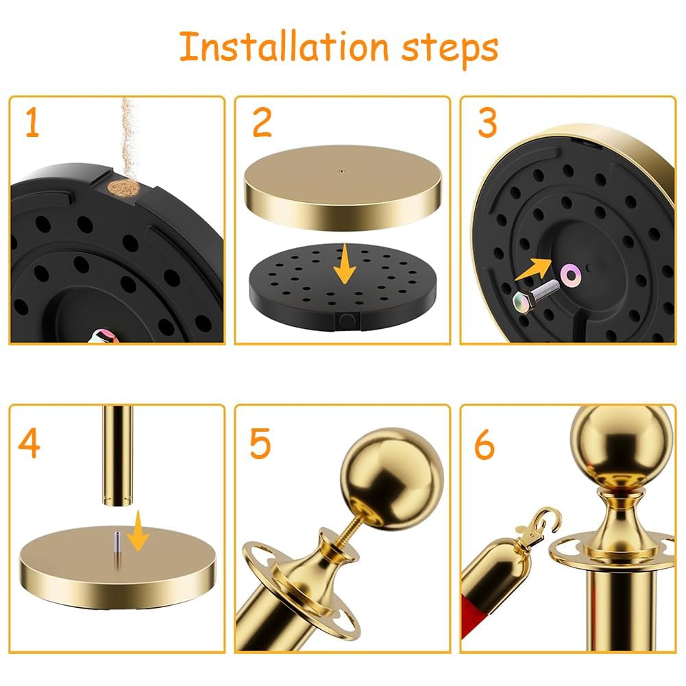 Modulare Barriere Premium Absperrstab mit Seil - Gold Robuster Crowd Control Bandstab für Warteschlangen, Events & Ladenmanagement, Set mit 5 ft/1.5 m rotem Samt Seil (6)