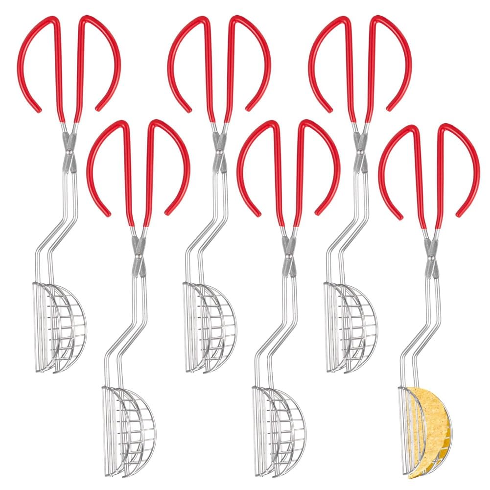 Qarmijaer 6 Pcs Stainless Steel Taco Tong with Red Plastic Clip, Taco for Homemade Tortilla Shells