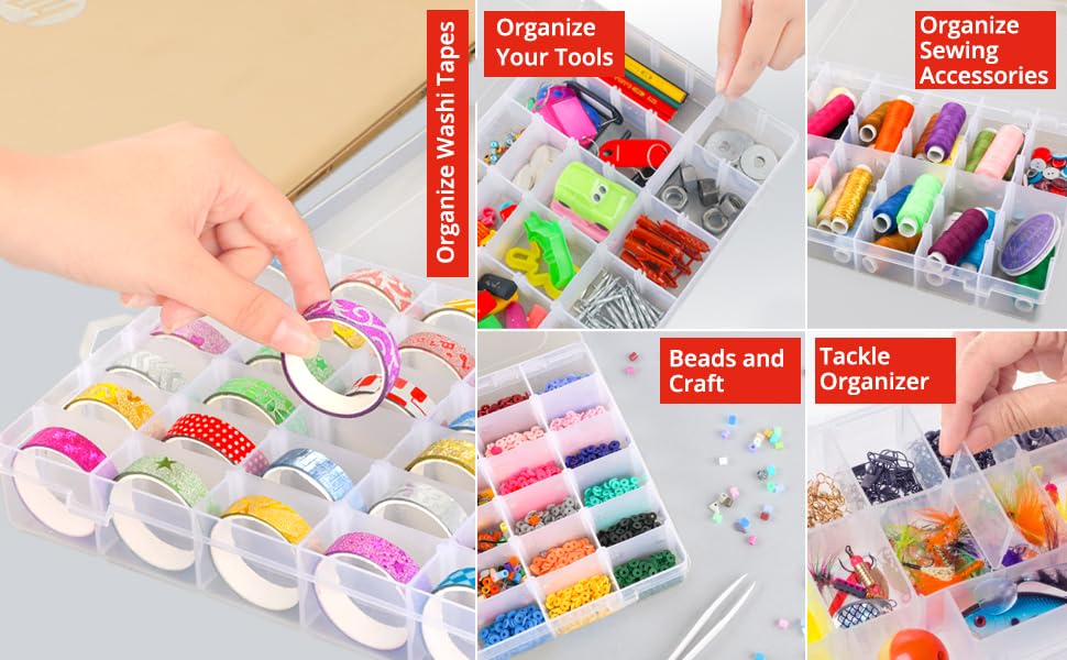 Image of XMART INDIA Plastic 36 Grid Cells Organizer Storage Box Jewellery Organisers Box Rectangular, With Adjustable Dividers, Transparent & Organiser For Jewelry Beads Earring, 25x15x5 cm