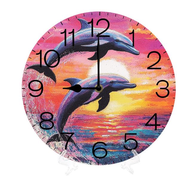 Geroclonup Horloge murale ronde de 25 cm, motif dauphin sautant sur l'océan, la vie marine, silencieuse, sans tic-tac, décoration pour la maison, le bureau, la...