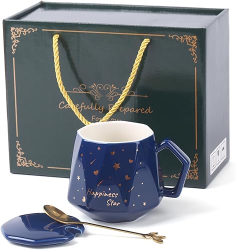 Taza de café de regalo para mujeres y hombres, taza de té con tapa, bonita taza de cerámica de estrella de la felicidad para cumpleaños, graduación,